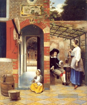  trinken Kunst - Figuren Trinken in einem Courtyard Genre Pieter de Hooch